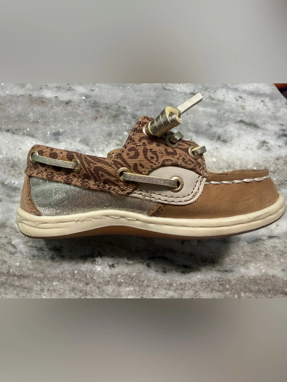 Sperry Kids Tan and Gold Metallic Lace Moccasin